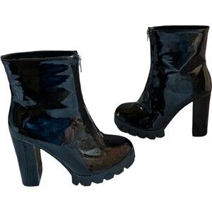 Fashion Nova Women’s Black Patent 4.5 Inch Chunky Heel Front Zipper Boot Size7.5